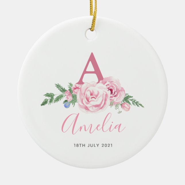 Adorno De Cerámica Recién nacido personalizado Keepsake regalo floral (Frente)