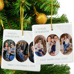 Adorno De Cerámica Recién nacido Primero Navidad 6 fotos Cualquier co<br><div class="desc">Recién nacido primero adorno de fotos navideñas - o puedes personalizar la redacción como quieras. El diseño cuenta con 6 fotos y colores totalmente editables para el fondo, las letras y los puntos de decoración. Sus fotos se muestran en formato retrato 16:9 y la plantilla de la foto las mostrará...</div>