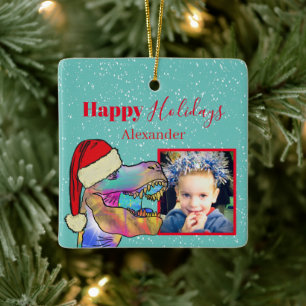 Adorno De Cerámica Recuerdo de Foto de Dinosaurio de Navidad