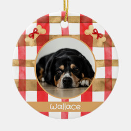 Adorno De Cerámica Red and Gold Plaid Round Pet Ornament