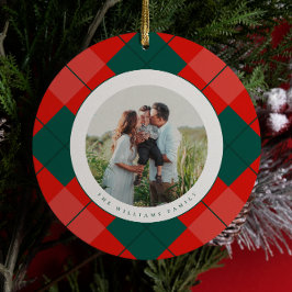 Adorno De Cerámica Red and Green Modern Plaid Family Photo Christmas
