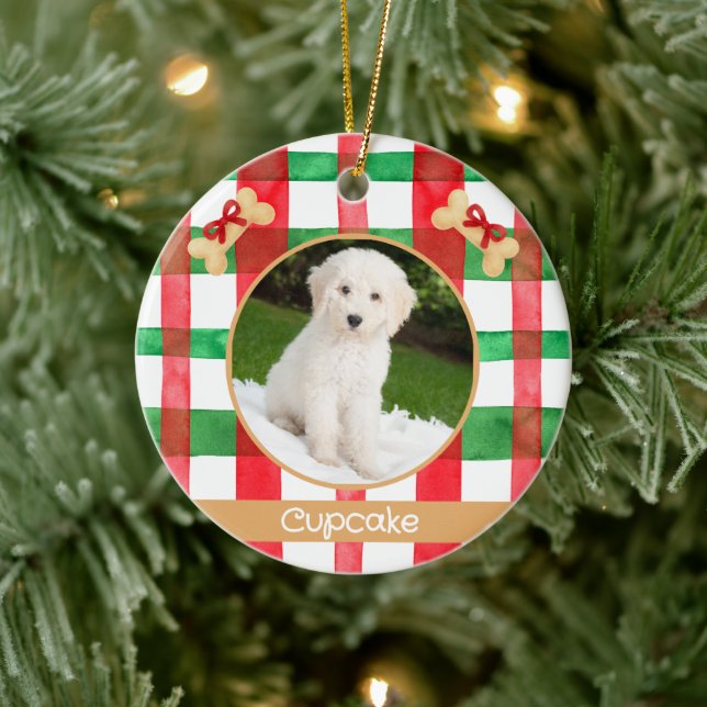Adorno De Cerámica Red and Green Plaid Round Pet Ornament (Árbol)