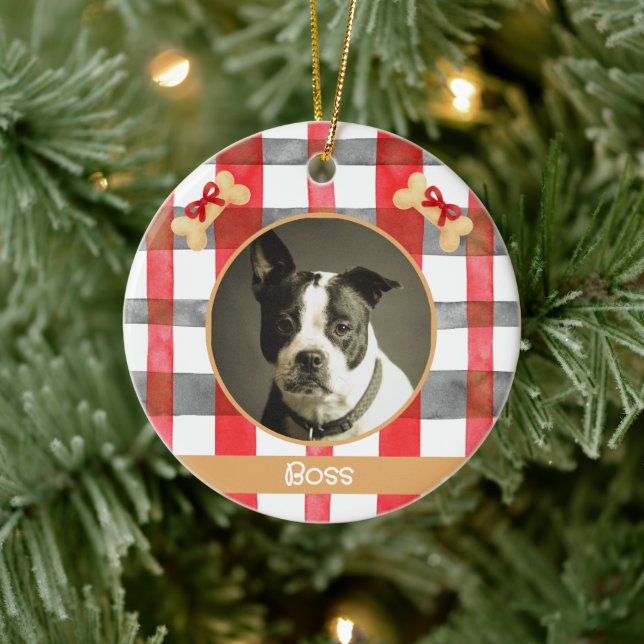 Adorno De Cerámica Red and Silver Grey Plaid Round Pet Ornament (Árbol)