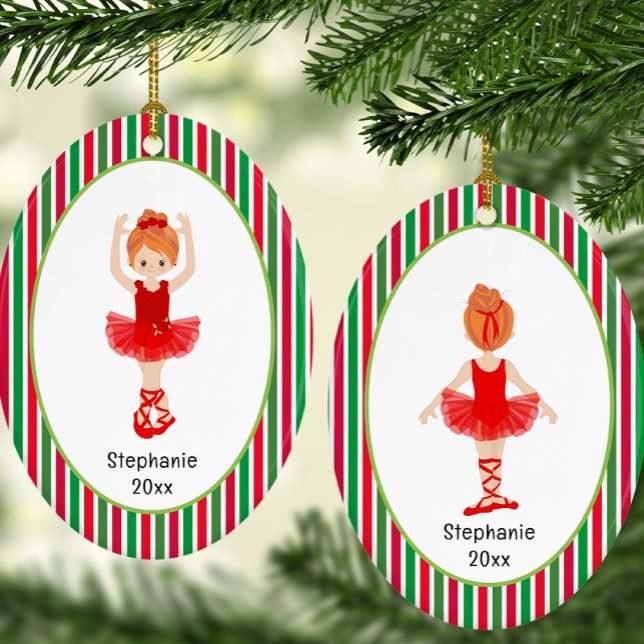 Adorno De Cerámica Red Ballerina Stripes Navidades personalizados (Red Ballerina Stripes Personalized Christmas Ceramic Ornament)