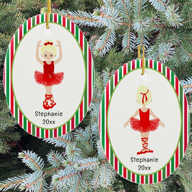 Adorno De Cerámica Red Ballerina Stripes Navidades personalizados (Red Ballerina Stripes Personalized Christmas Ceramic Ornament)
