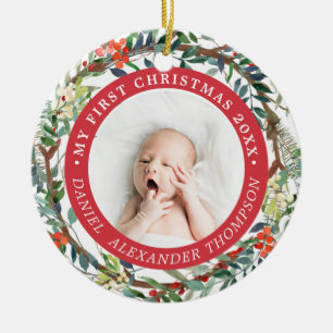 Adorno De Cerámica Red Berries Pine Needle Wreath Baby Primer Navidad