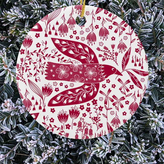 Adorno De Cerámica Red Bird (Red and white peace dove art Christmas ornament)
