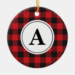 Adorno De Cerámica Red Black Buffalo Plaid Monogrammed