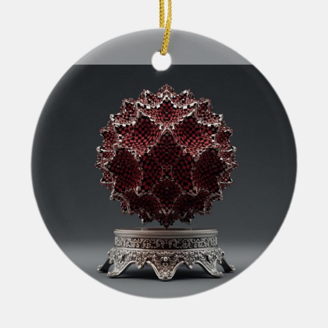Adorno De Cerámica Red & Black Mandelbrot Sphere On Silver Pedestal (Frente)