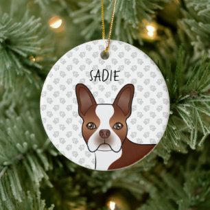 Adorno De Cerámica Red Boston Terrier Cartoon Dog Head & Custom Name