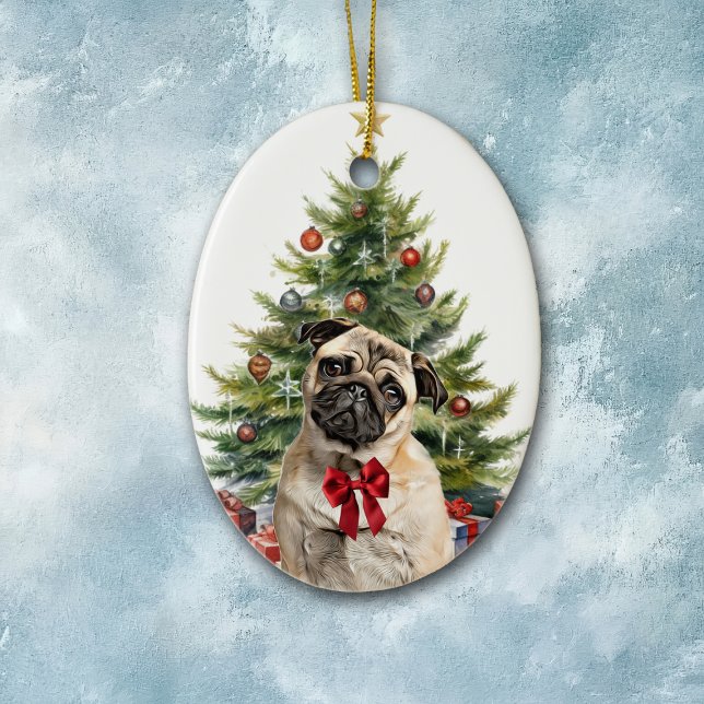 Adorno De Cerámica Red Bow Adorable Pug Dog Navidades (Subido por el creador)