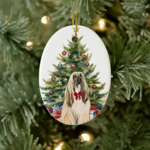 Adorno De Cerámica Red Bow Afghan Hound Dog Navidades