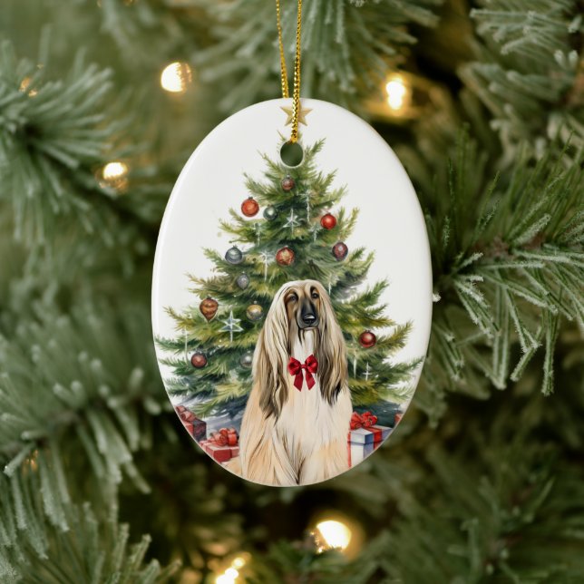 Adorno De Cerámica Red Bow Afghan Hound Dog Navidades (Árbol)