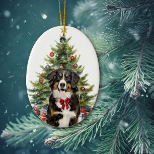 Adorno De Cerámica Red Bow Bernese Mountain Dog Navidades