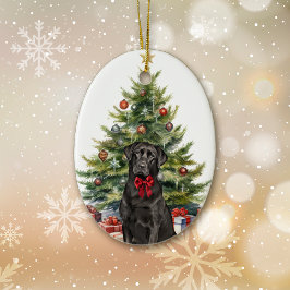 Adorno De Cerámica Red Bow Black Labrador Recuperador Navidades
