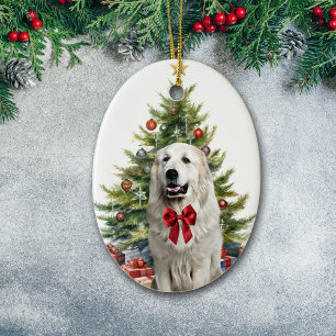 Adorno De Cerámica Red Bow Great Pyrenees Dog Navidades