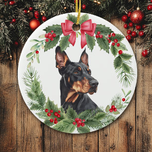 Adorno De Cerámica Red Bow Holly Wreath Doberman Pinscher Dog