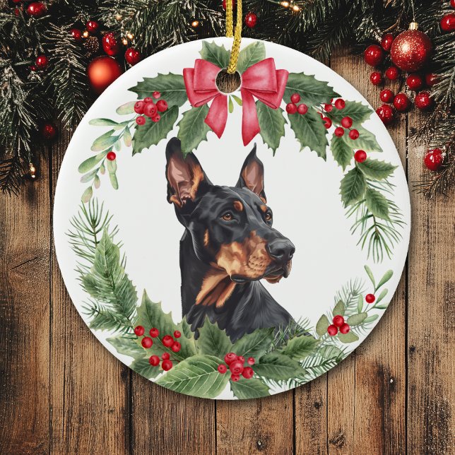 Adorno De Cerámica Red Bow Holly Wreath Doberman Pinscher Dog (Subido por el creador)
