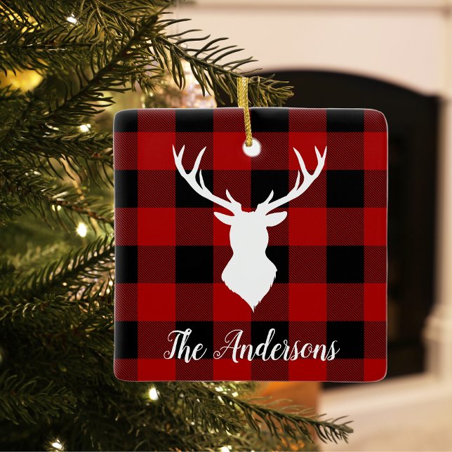 Adorno De Cerámica Red Buffalo Plaid & Deer | Entrega de nombre perso (Subido por el creador)