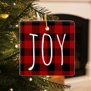 Adorno De Cerámica Red Buffalo Plaid & Joy   Feliz feriado