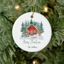 Red Cabin Merry Christmas Personalizable Name