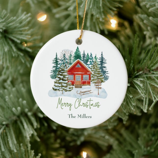Adorno De Cerámica Red Cabin Merry Christmas Personalizable Name (Árbol)