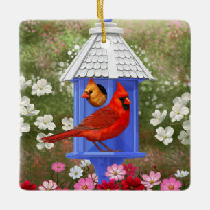 Adorno De Cerámica Red Cardinals Bird House Flower Garden