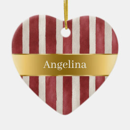 Adorno De Cerámica Red Cream White Stripes Gold Ribbon Christmas