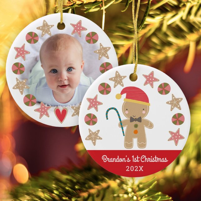 Adorno De Cerámica Red First Christmas Baby Photo Gingbread Boy (Subido por el creador)