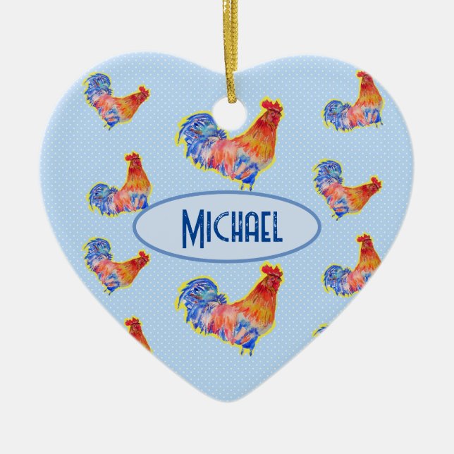 Adorno De Cerámica Red Funny Rooster Cockerel Blue and White Spots C (Frente)