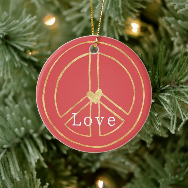 Adorno De Cerámica Red Gold Heart Peace Sign Love Christmas (Árbol)