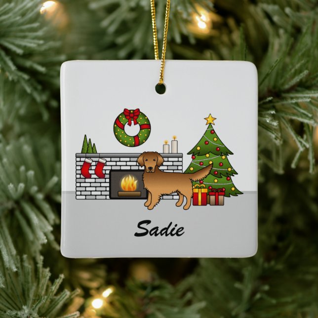 Adorno De Cerámica Red Golden Retriever In Navidad Room & Name (Árbol)