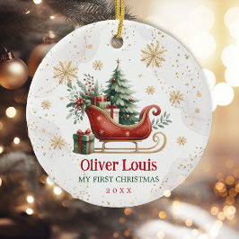 Adorno De Cerámica Red Green Gold Winter Sleigh Baby 1er Navidades