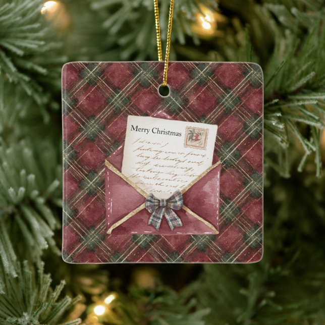 Adorno De Cerámica Red Green Plaid Stripes Letter Christmas   (Árbol)