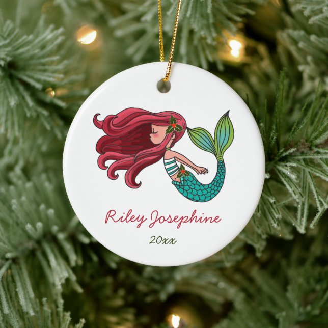Adorno De Cerámica Red Haied Mermaid Personalizada Redhead Ginger (Árbol)