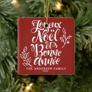 Adorno De Cerámica Red Joyeux Noël y Bonne Année Calligraphy