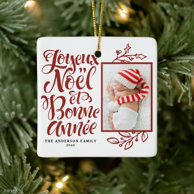 Adorno De Cerámica Red Joyeux Noël y Bonne Année Photo (Árbol)