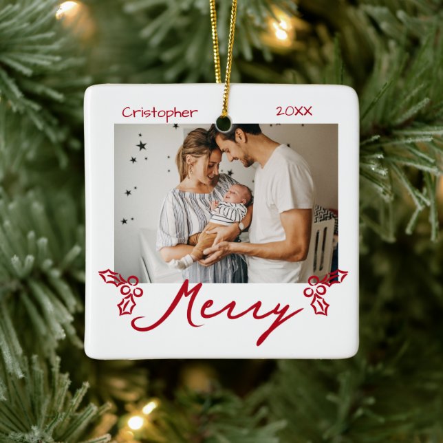 Adorno De Cerámica Red Mistletoe Doodles 2 Photos Merry (Árbol)