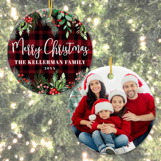 Adorno De Cerámica Red Plaid Christmas Photo (Greenery Red Plaid Merry Christmas Photo Ceramic Ornament)