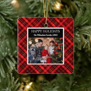 Adorno De Cerámica Red Plaid Tartan Photo Merry Christmas