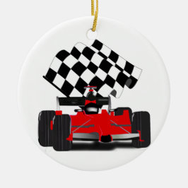 Adorno De Cerámica Red Race Car with Checkered Flag
