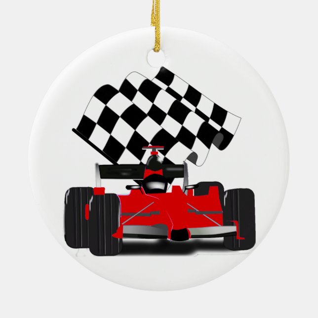 Adorno De Cerámica Red Race Car with Checkered Flag (Atrás)