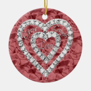Adorno De Cerámica Red Round Live Laugh Love Diamond Heart Ornament