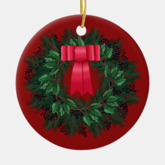 Adorno De Cerámica Red Satin Bow Berries Wreath Navidades (Frente)