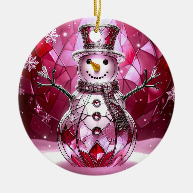 Adorno De Cerámica Red Snowman Snowflakes Holiday Ornament (Frente)