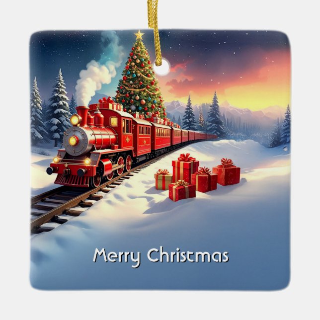 Adorno De Cerámica Red Train Christmas Tree Holiday Ornament (Anverso)