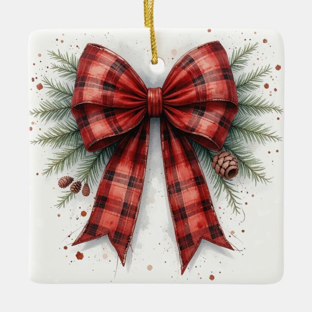 Adorno De Cerámica Red Watercolor Christmas Bow (Anverso)