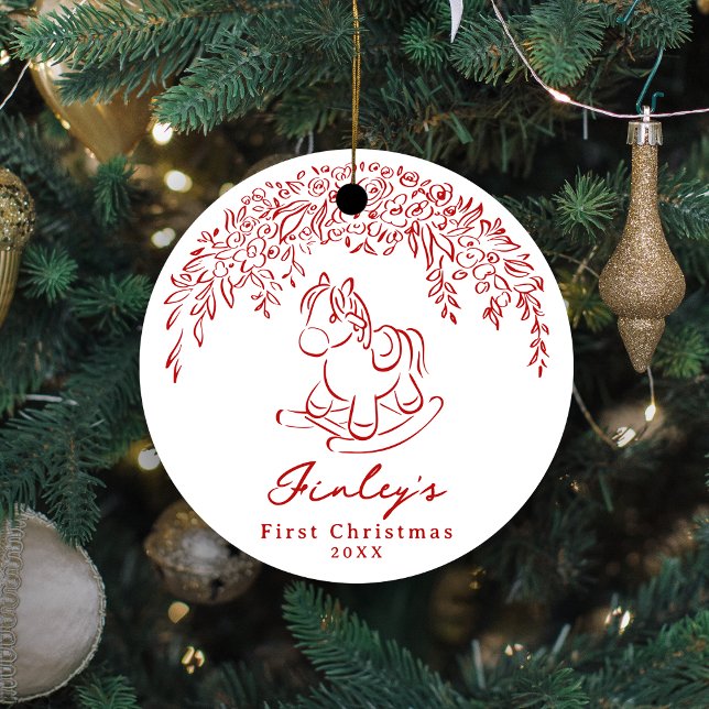 Adorno De Cerámica Red Whimsical rocking horse Baby's 1st Christmas (Red Whimsical rocking horse Baby's 1st Christmas Ceramic Ornament)