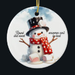 Adorno De Cerámica Redondo y dulce de los hombres de nieve<br><div class="desc">Este adorable diseño invernal se caracteriza por un muñeco de nieve de malvaviscos con centros rosas. Un sombrero superior y una bufanda roja de polika lo rodean. El mensaje dice 'redondo y dulce, los hombres de nieve no pueden ser derrotados'. Un fondo acuático también en la parte de atrás presentando...</div>