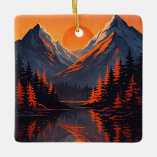 Adorno De Cerámica Reflejo del Atardecer en la Montaña Cielo Naranja 